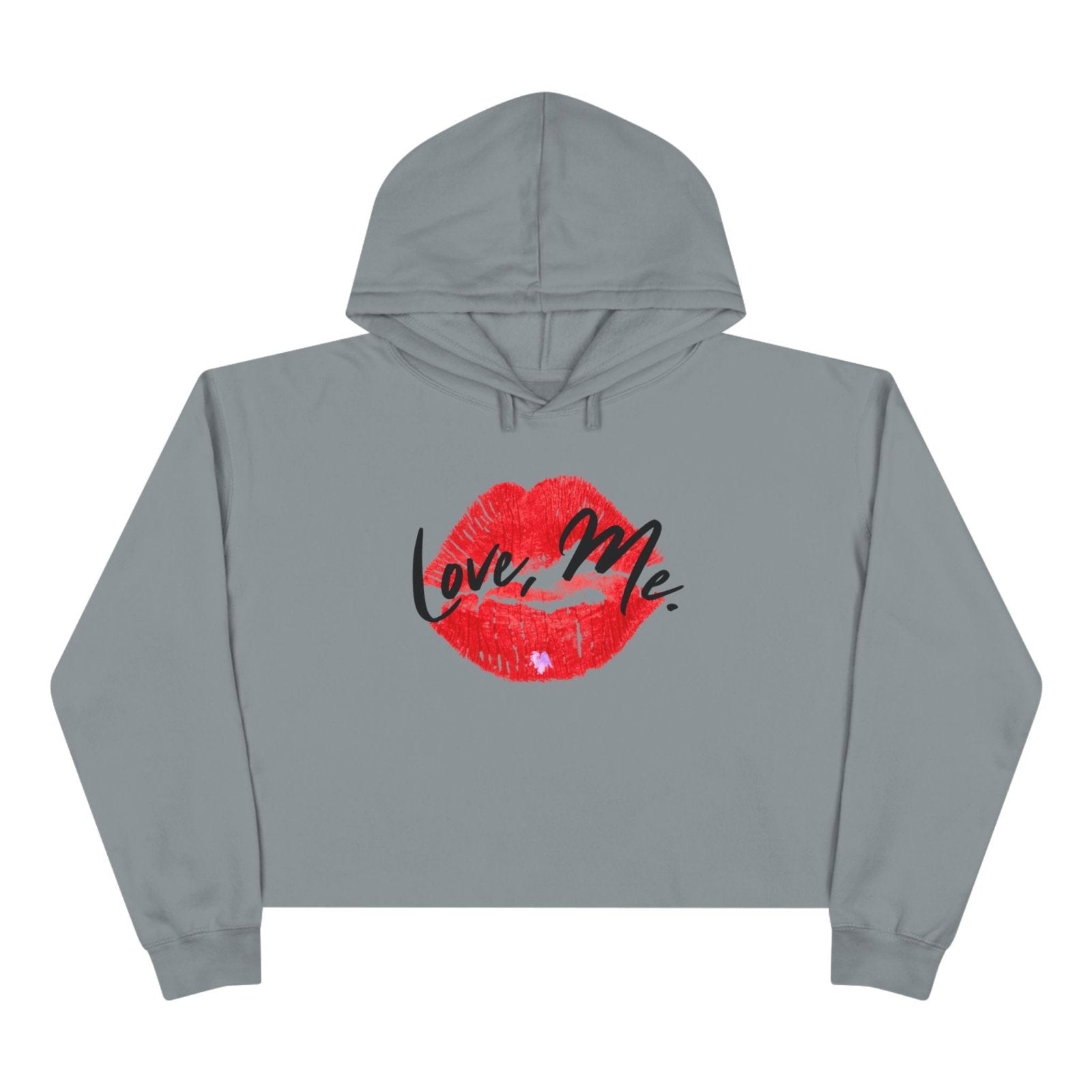 Red Kiss Lips Crop Hoodie Self - Love Sweater with Purple Heart, Trendy Streetwear Top for Women, Valentine's Cropped Shirt | US - Ohhh So Swag