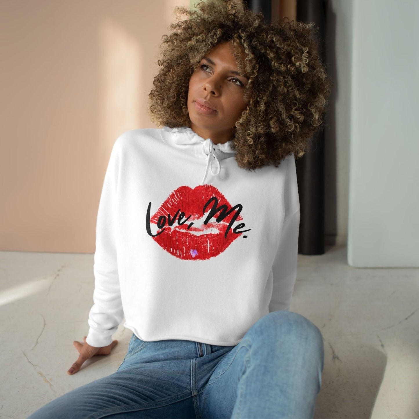 Red Kiss Lips Crop Hoodie Self - Love Sweater with Purple Heart, Trendy Streetwear Top for Women, Valentine's Cropped Shirt | US - Ohhh So Swag
