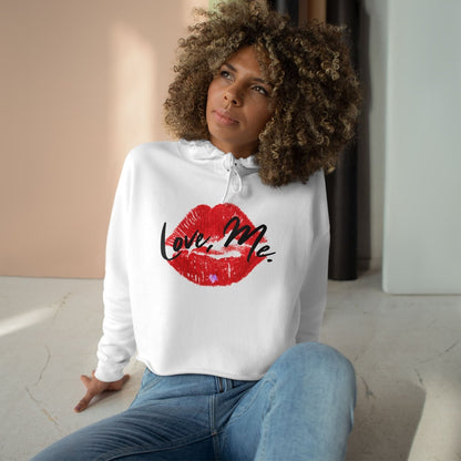 Red Kiss Lips Crop Hoodie Self - Love Sweater with Purple Heart, Trendy Streetwear Top for Women, Valentine's Cropped Shirt | US - Ohhh So Swag