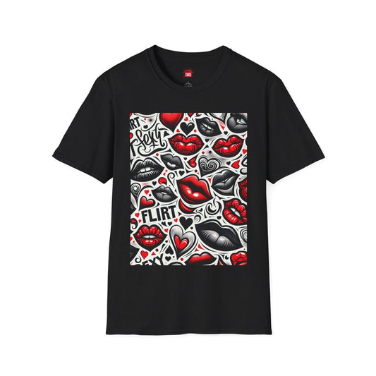 Sexy Flirt Lips T-Shirt, Casual Crewneck Black and Red Lips Shirt with Hearts | US - Ohhh So Swag