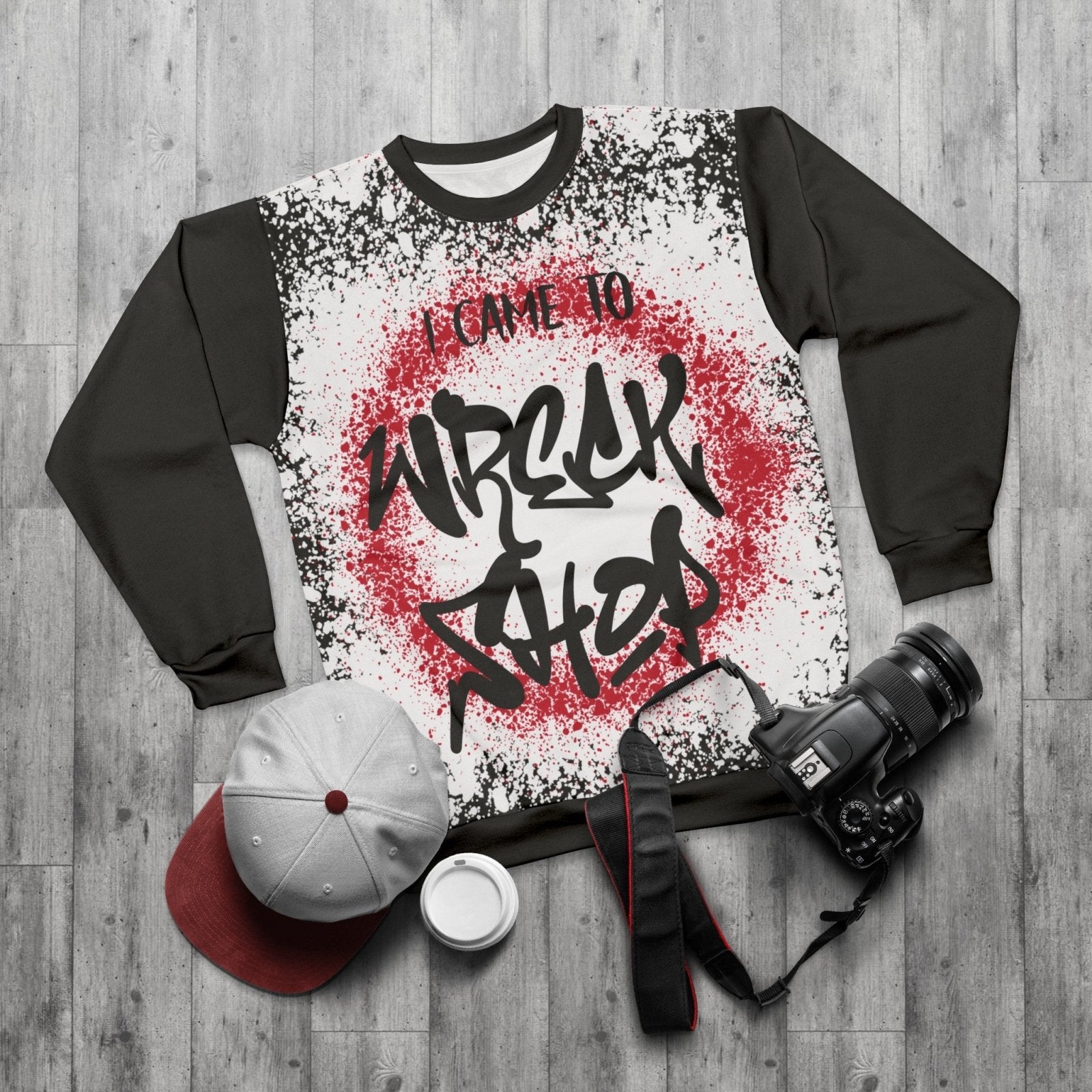 Streetwear Graffiti Sweatshirt – I Came to Wreck Shop, Black Remix, Colour Block Sleeves | US - Ohhh So Swag