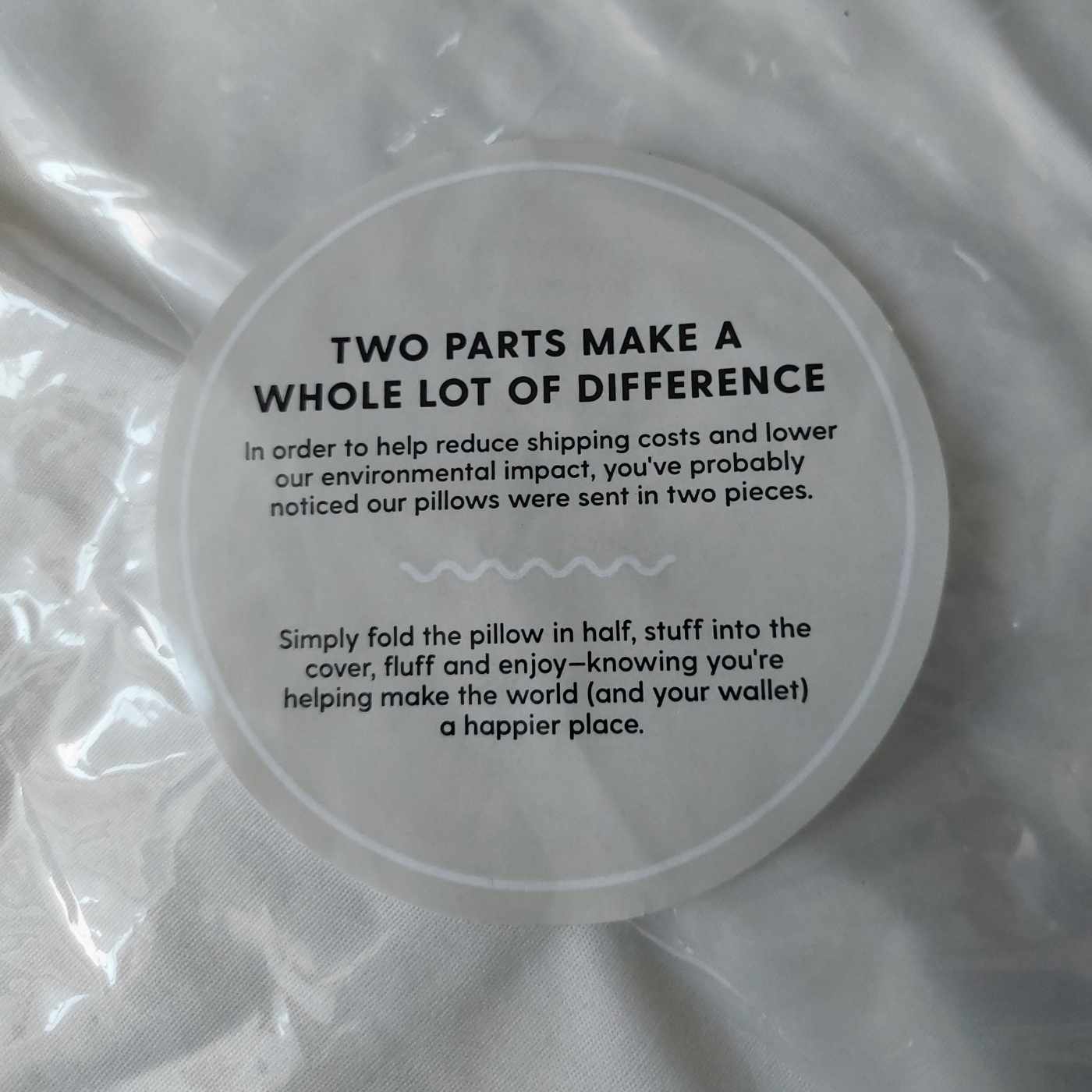 Pillow packaging with explanation of delivery of throw pillow in two separate parts