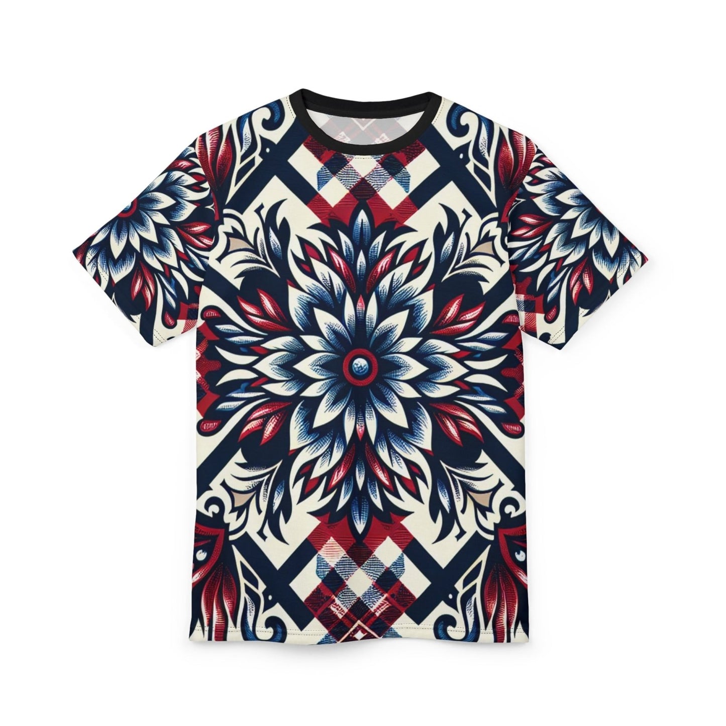Unique Plaid Floral Pattern Graphic Tee for Men Women, Red White and Blue Unisex Premium Casual Short Sleeve Crew Neck T-Shirt | US - Ohhh So Swag