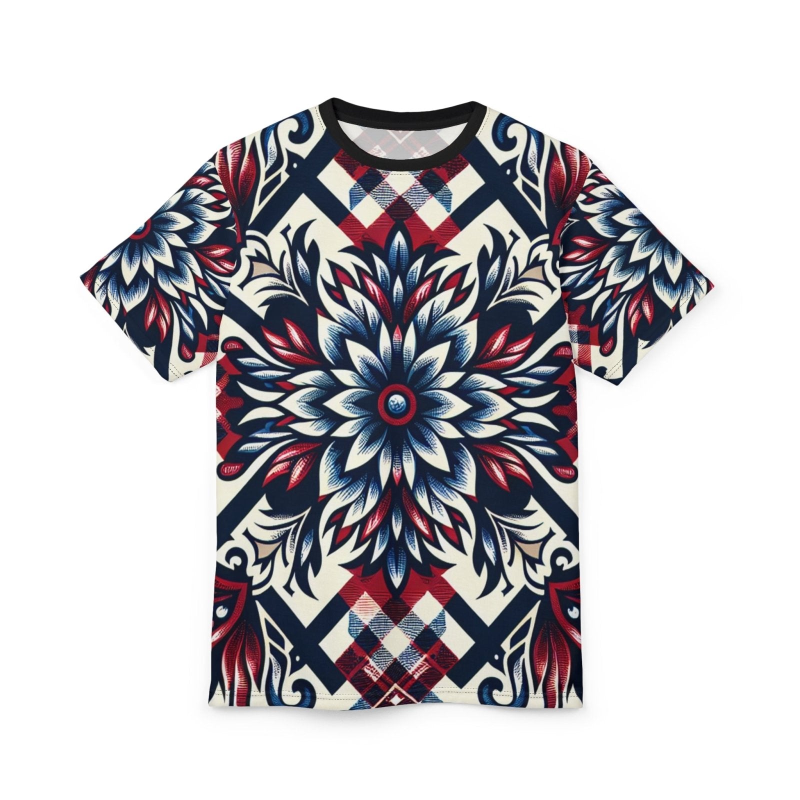 Unique Plaid Floral Pattern Graphic Tee for Men Women, Red White and Blue Unisex Premium Casual Short Sleeve Crew Neck T-Shirt | US - Ohhh So Swag