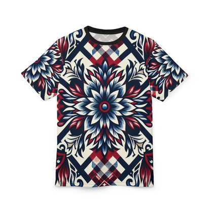 Unique Plaid Floral Pattern Graphic Tee for Men Women, Red White and Blue Unisex Premium Casual Short Sleeve Crew Neck T-Shirt | US - Ohhh So Swag