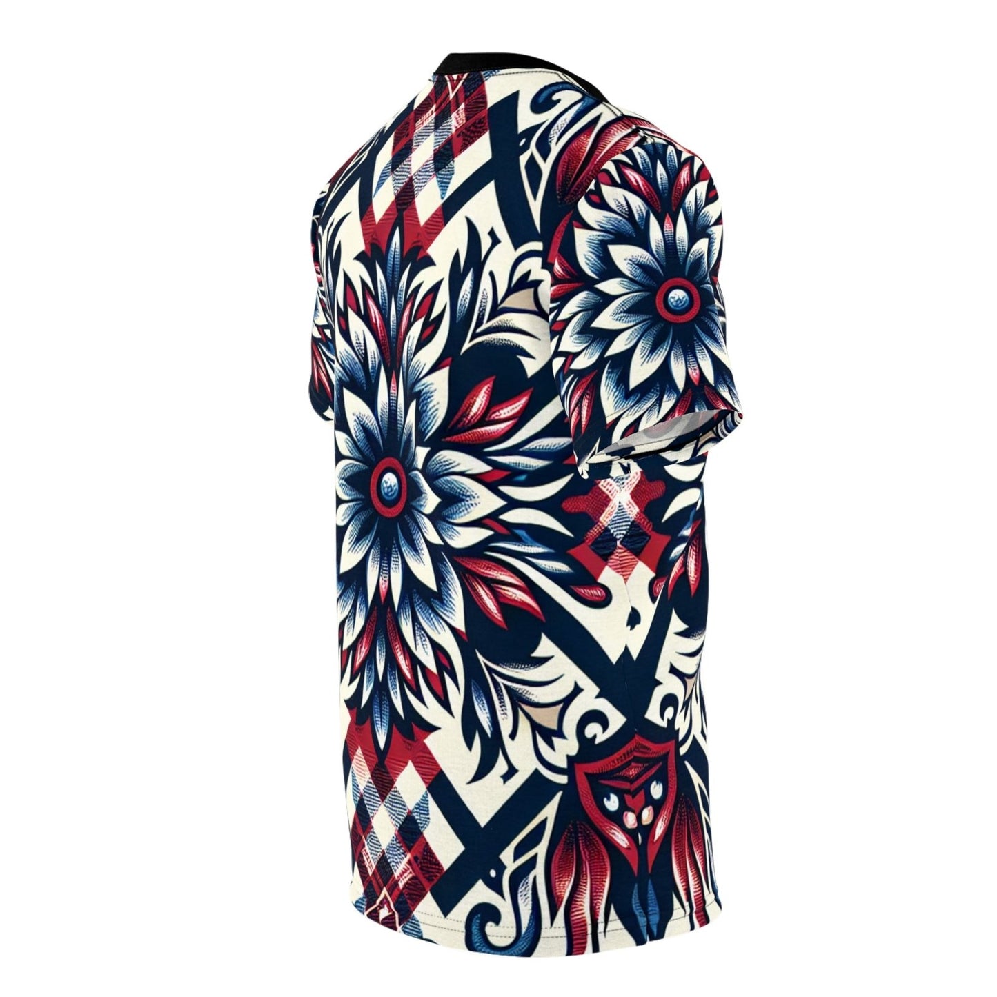 Unique Plaid Floral Pattern Graphic Tee for Men Women, Red White and Blue Unisex Premium Casual Short Sleeve Crew Neck T-Shirt | US - Ohhh So Swag