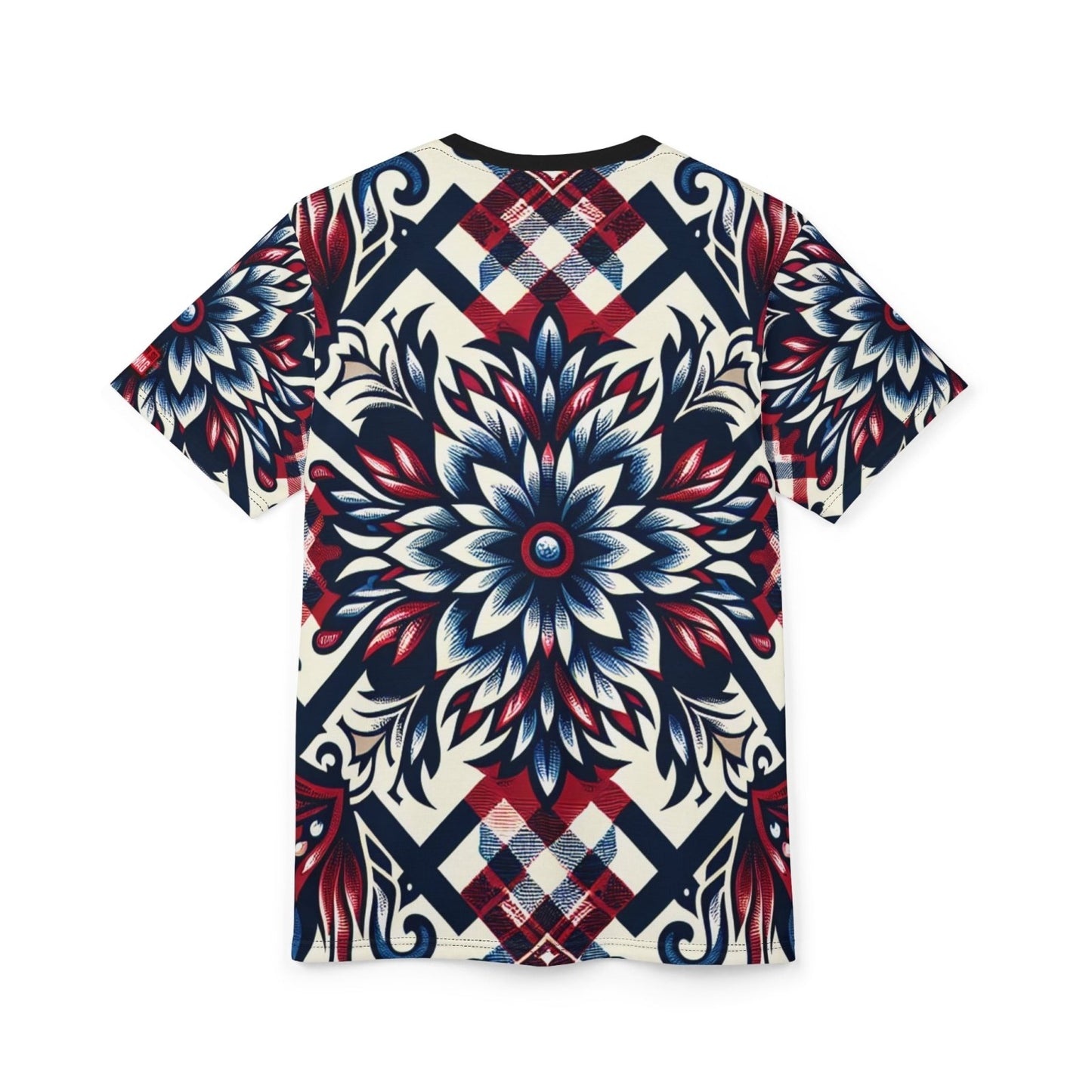 Unique Plaid Floral Pattern Graphic Tee for Men Women, Red White and Blue Unisex Premium Casual Short Sleeve Crew Neck T-Shirt | US - Ohhh So Swag