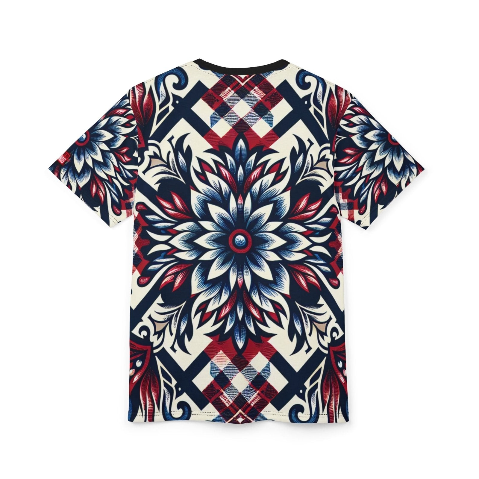 Unique Plaid Floral Pattern Graphic Tee for Men Women, Red White and Blue Unisex Premium Casual Short Sleeve Crew Neck T-Shirt | US - Ohhh So Swag