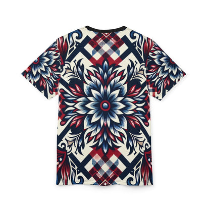Unique Plaid Floral Pattern Graphic Tee for Men Women, Red White and Blue Unisex Premium Casual Short Sleeve Crew Neck T-Shirt | US - Ohhh So Swag
