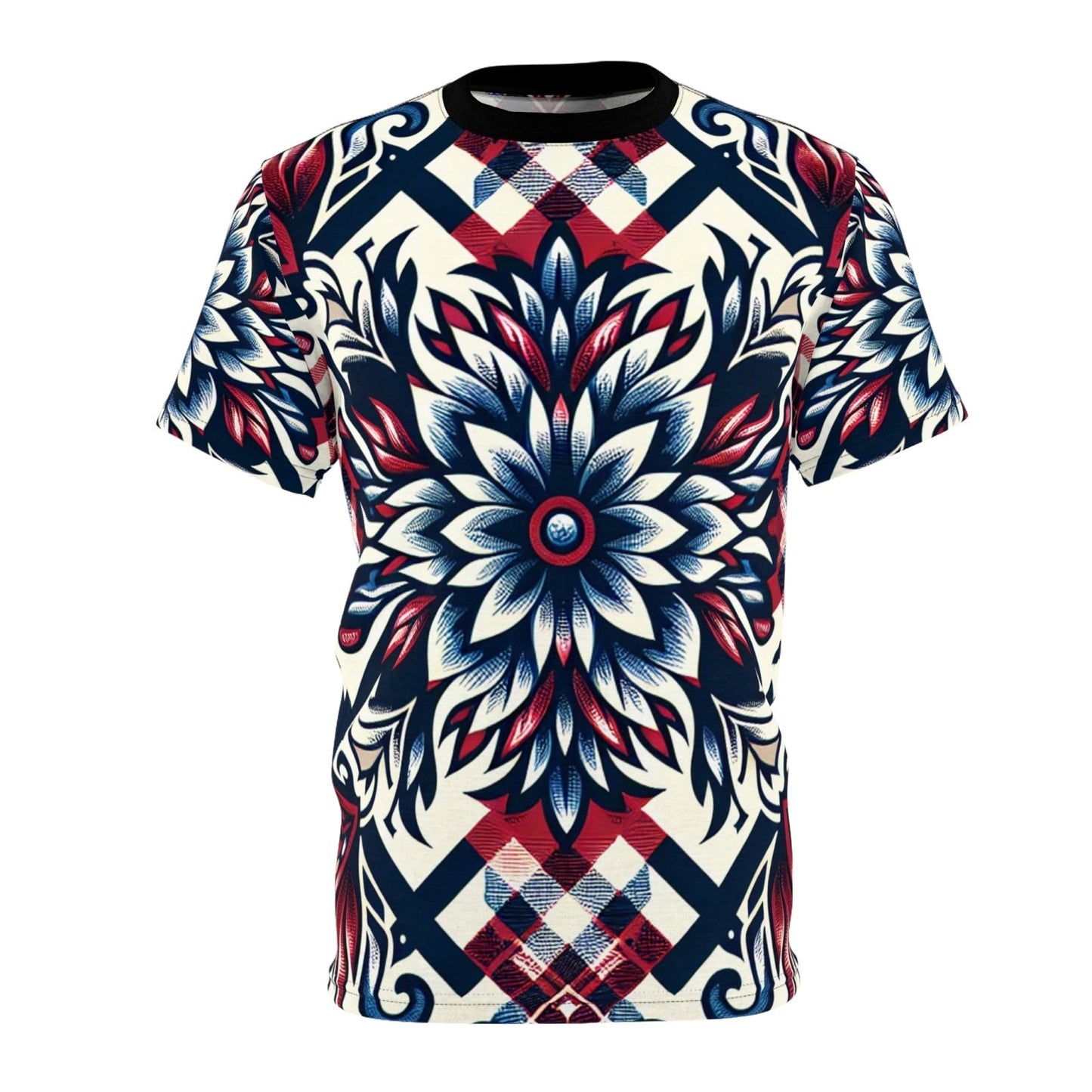 Unique Plaid Floral Pattern Graphic Tee for Men Women, Red White and Blue Unisex Premium Casual Short Sleeve Crew Neck T-Shirt | US - Ohhh So Swag