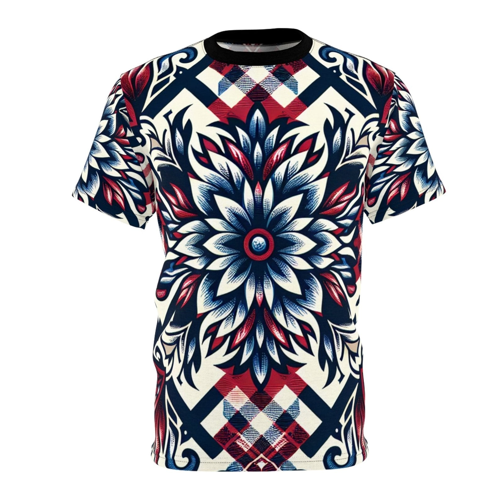 Unique Plaid Floral Pattern Graphic Tee for Men Women, Red White and Blue Unisex Premium Casual Short Sleeve Crew Neck T-Shirt | US - Ohhh So Swag