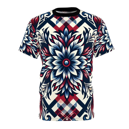 Unique Plaid Floral Pattern Graphic Tee for Men Women, Red White and Blue Unisex Premium Casual Short Sleeve Crew Neck T-Shirt | US - Ohhh So Swag