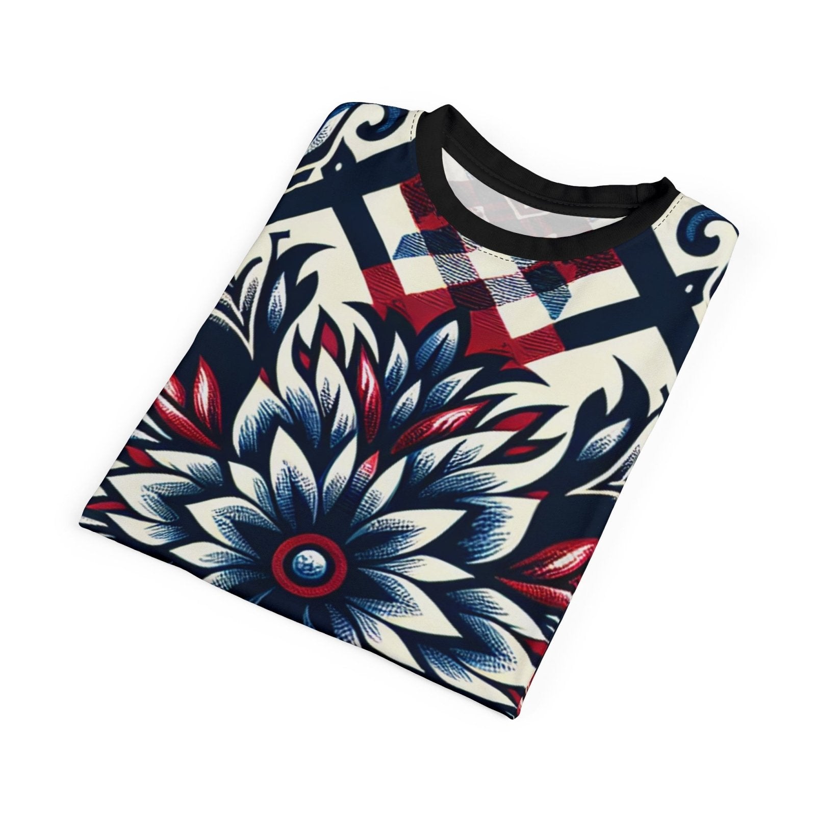 Unique Plaid Floral Pattern Graphic Tee for Men Women, Red White and Blue Unisex Premium Casual Short Sleeve Crew Neck T-Shirt | US - Ohhh So Swag