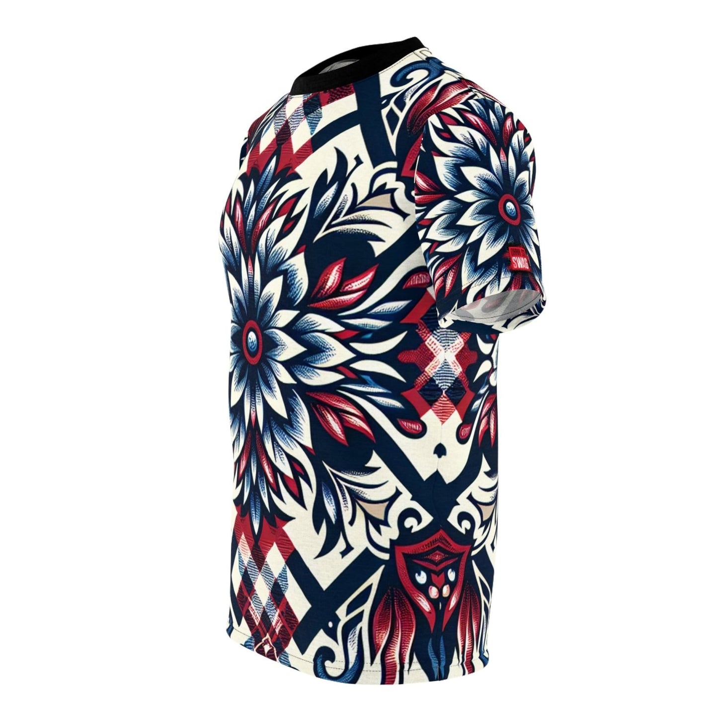 Unique Plaid Floral Pattern Graphic Tee for Men Women, Red White and Blue Unisex Premium Casual Short Sleeve Crew Neck T-Shirt | US - Ohhh So Swag