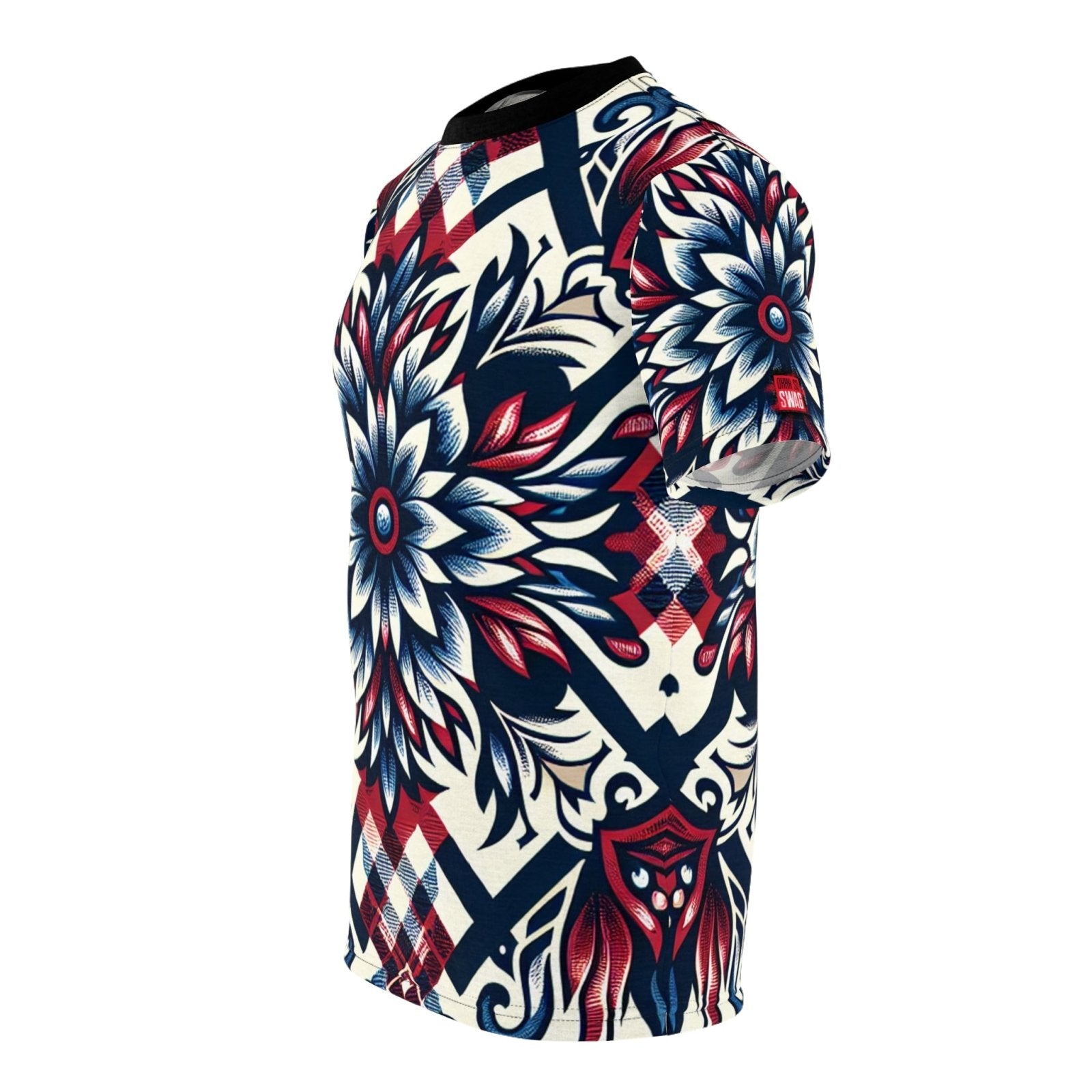 Unique Plaid Floral Pattern Graphic Tee for Men Women, Red White and Blue Unisex Premium Casual Short Sleeve Crew Neck T-Shirt | US - Ohhh So Swag