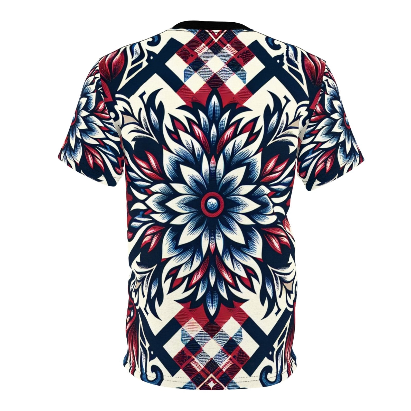 Unique Plaid Floral Pattern Graphic Tee for Men Women, Red White and Blue Unisex Premium Casual Short Sleeve Crew Neck T-Shirt | US - Ohhh So Swag