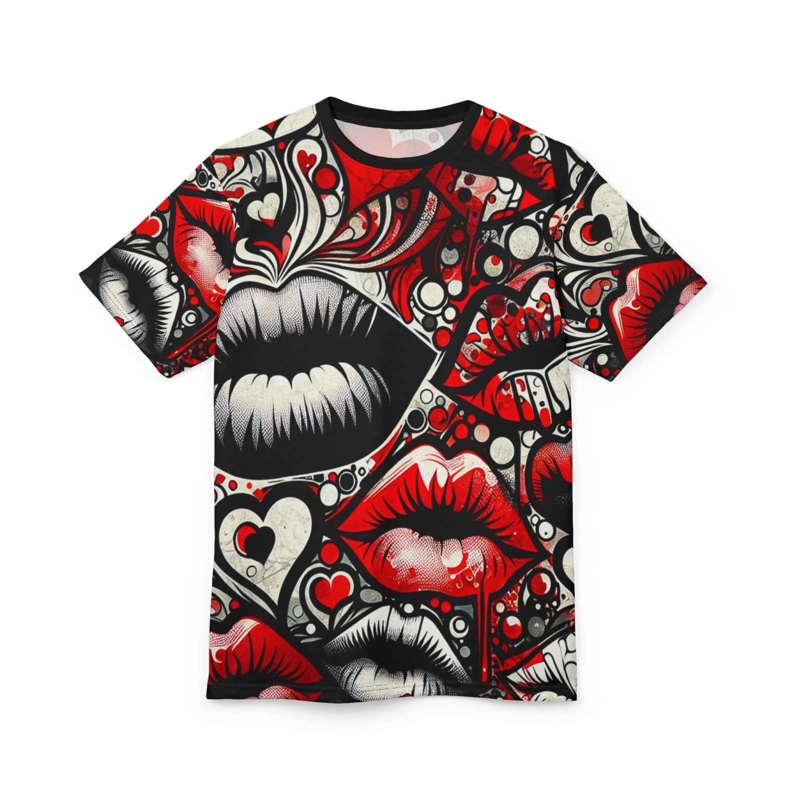 Unisex Black and Red Lips Graphic Tee, Urban Edgy Love Crew Neck T-Shirt, Casual Lips and Heart Print Short Sleeve Top | US - Ohhh So Swag