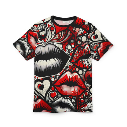 Unisex Black and Red Lips Graphic Tee, Urban Edgy Love Crew Neck T-Shirt, Casual Lips and Heart Print Short Sleeve Top | US - Ohhh So Swag