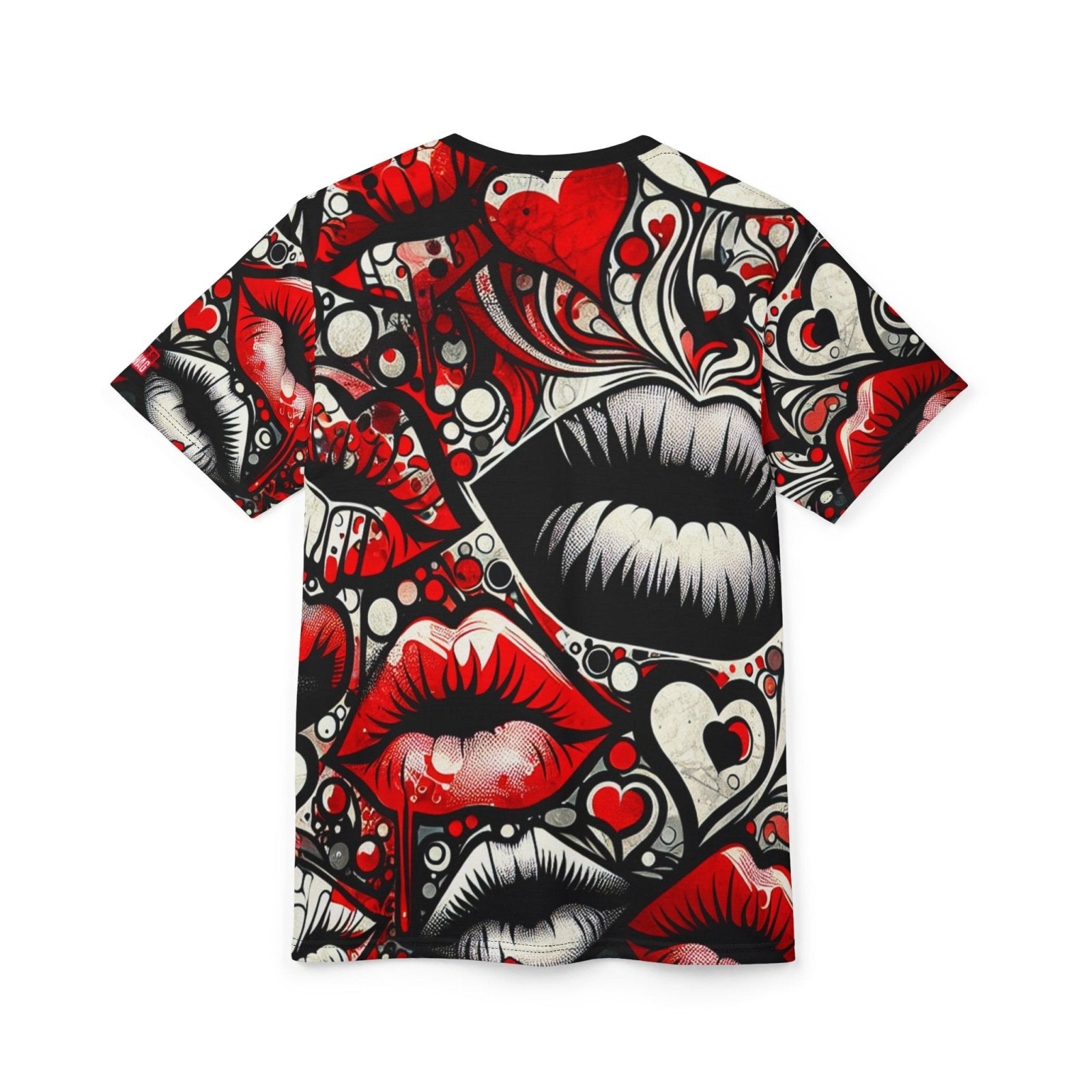 Unisex Black and Red Lips Graphic Tee, Urban Edgy Love Crew Neck T-Shirt, Casual Lips and Heart Print Short Sleeve Top | US - Ohhh So Swag
