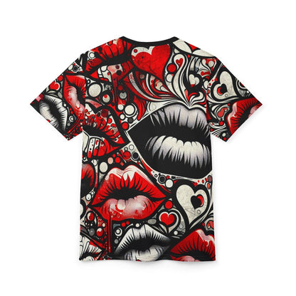 Unisex Black and Red Lips Graphic Tee, Urban Edgy Love Crew Neck T-Shirt, Casual Lips and Heart Print Short Sleeve Top | US - Ohhh So Swag