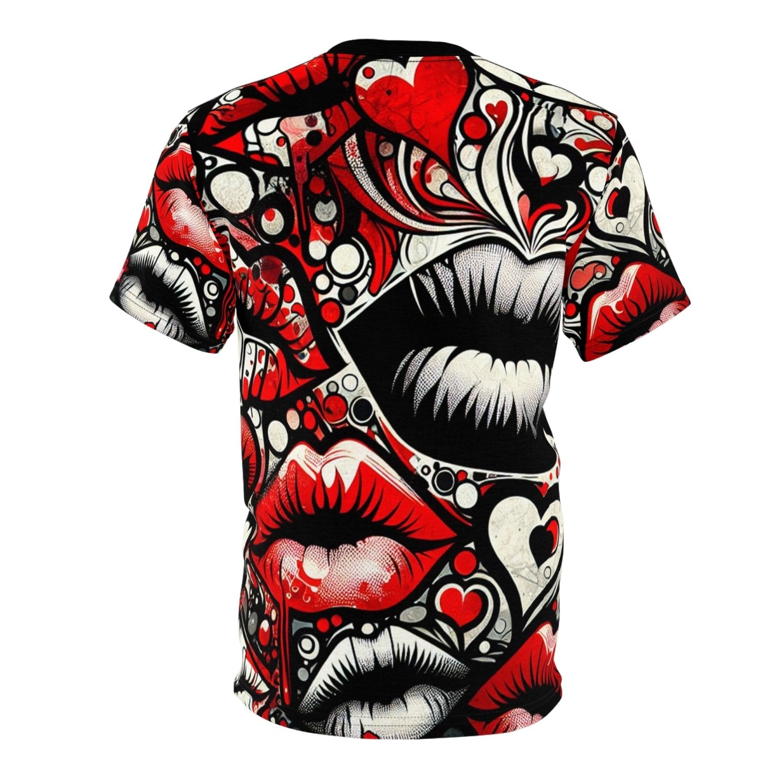 Unisex Black and Red Lips Graphic Tee, Urban Edgy Love Crew Neck T-Shirt, Casual Lips and Heart Print Short Sleeve Top | US - Ohhh So Swag