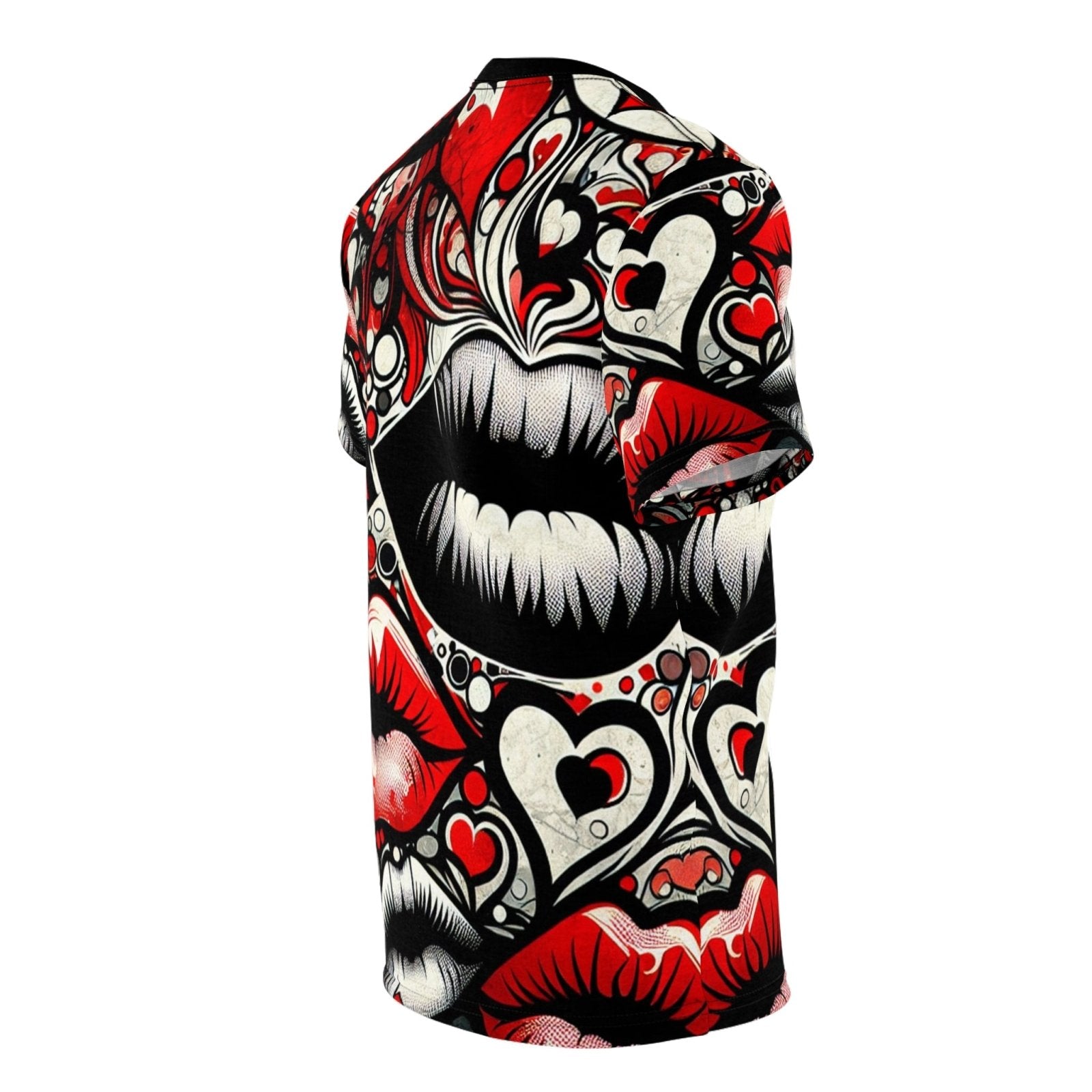 Unisex Black and Red Lips Graphic Tee, Urban Edgy Love Crew Neck T-Shirt, Casual Lips and Heart Print Short Sleeve Top | US - Ohhh So Swag