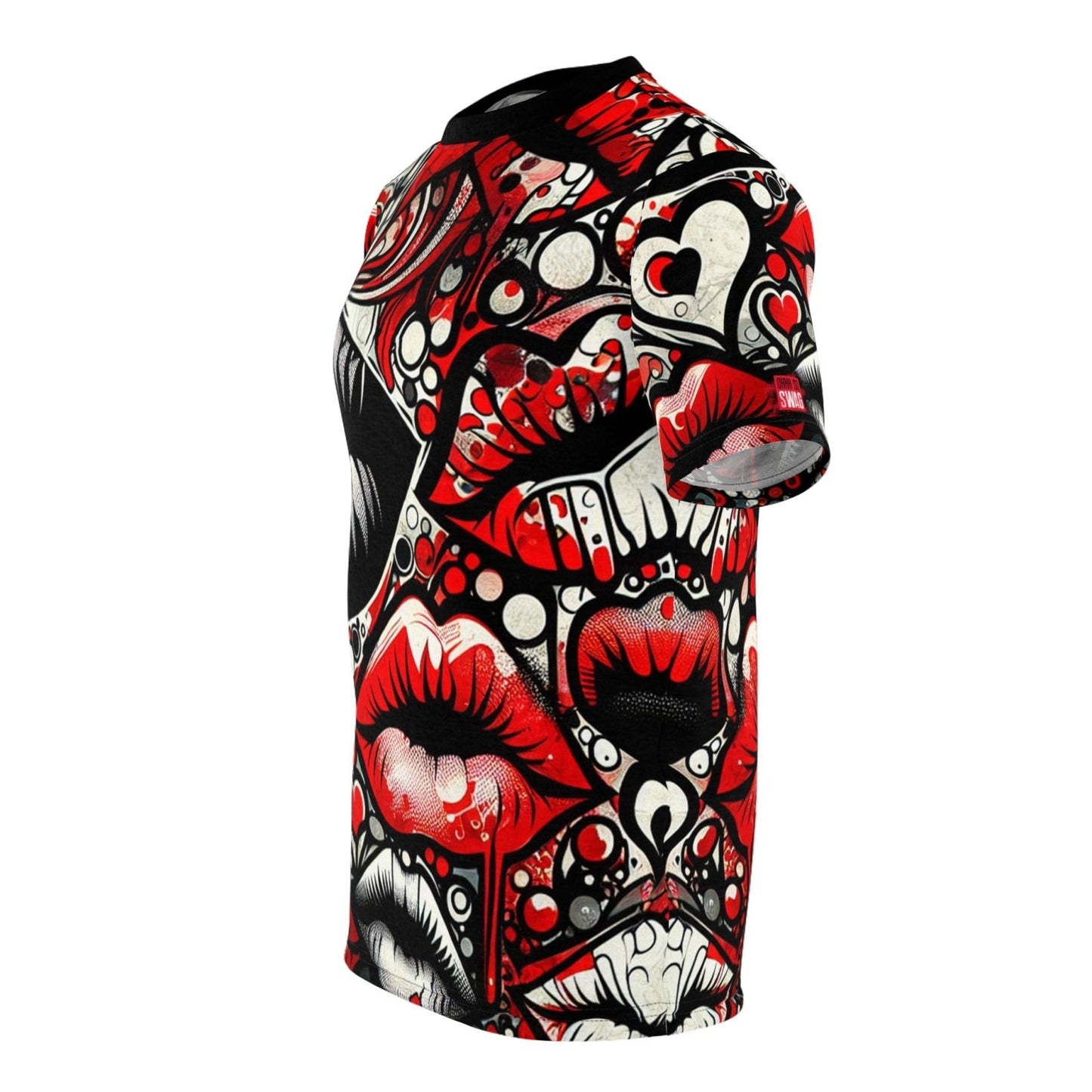 Unisex Black and Red Lips Graphic Tee, Urban Edgy Love Crew Neck T-Shirt, Casual Lips and Heart Print Short Sleeve Top | US - Ohhh So Swag