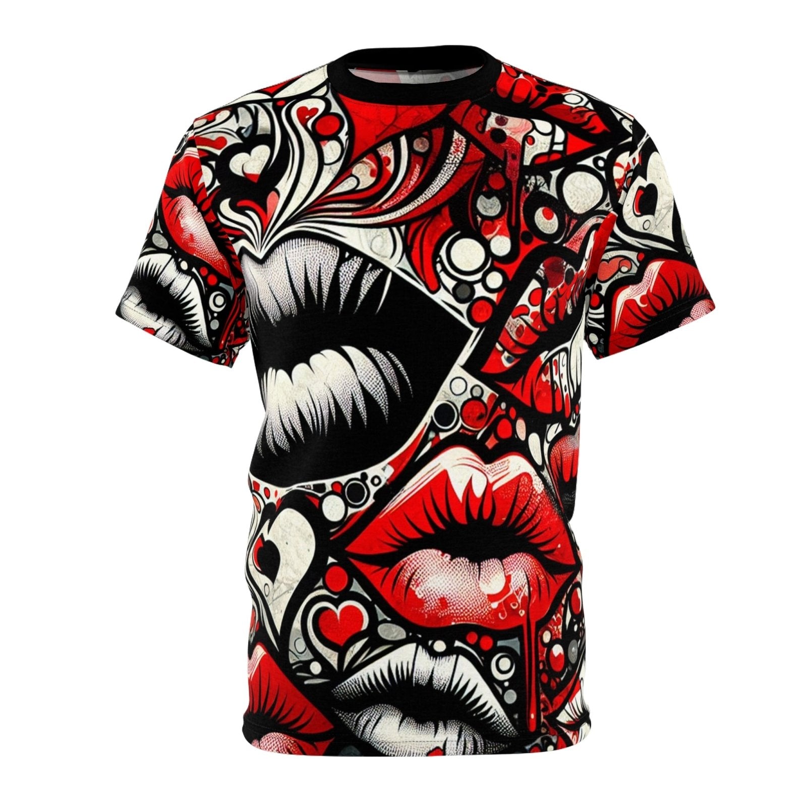Unisex Black and Red Lips Graphic Tee, Urban Edgy Love Crew Neck T-Shirt, Casual Lips and Heart Print Short Sleeve Top | US - Ohhh So Swag