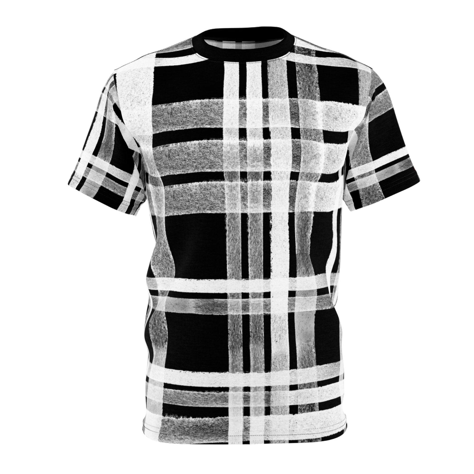 Unisex Black and White Plaid T-shirt for Men Women, Tartan Color Block Round Neck Shirt for Casual Wear, Everyday Comfort | US - Ohhh So Swag