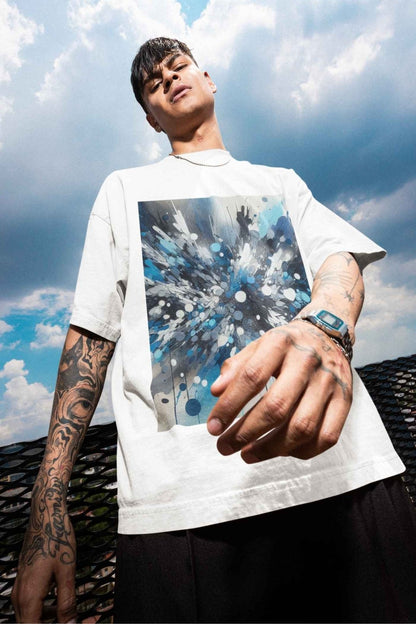 Unisex Blue Paint Splatter Shirt, Blue Black White Grey Color Splash Short Sleeve Crew Neck T-Shirt for Men Women | CA - Ohhh So Swag