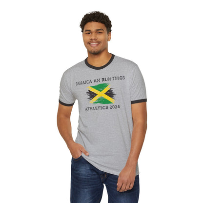 Unisex Cotton Ringer T - Shirt - Jamaica Ah Run Tings, Athletics 2024 | US - Ohhh So Swag