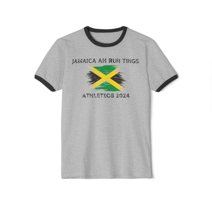 Unisex Cotton Ringer T - Shirt - Jamaica Ah Run Tings, Athletics 2024 | US - Ohhh So Swag