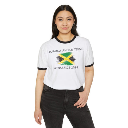 Unisex Cotton Ringer T - Shirt - Jamaica Ah Run Tings, Athletics 2024 | US - Ohhh So Swag