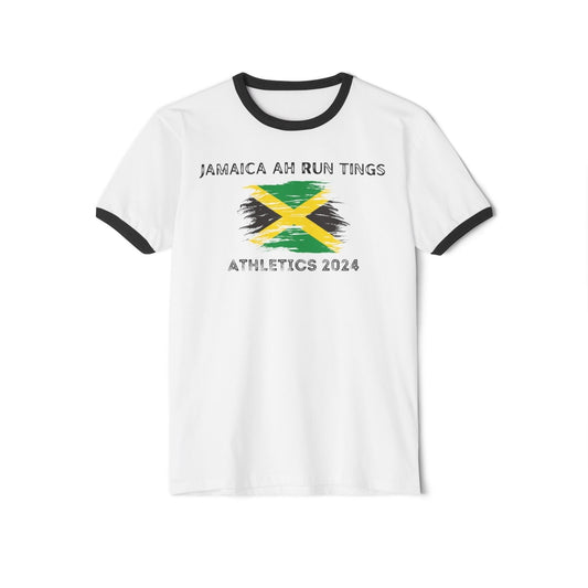 Unisex Cotton Ringer T - Shirt - Jamaica Ah Run Tings, Athletics 2024 | US - Ohhh So Swag