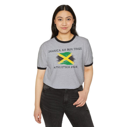 Unisex Cotton Ringer T - Shirt - Jamaica Ah Run Tings, Athletics 2024 | US - Ohhh So Swag