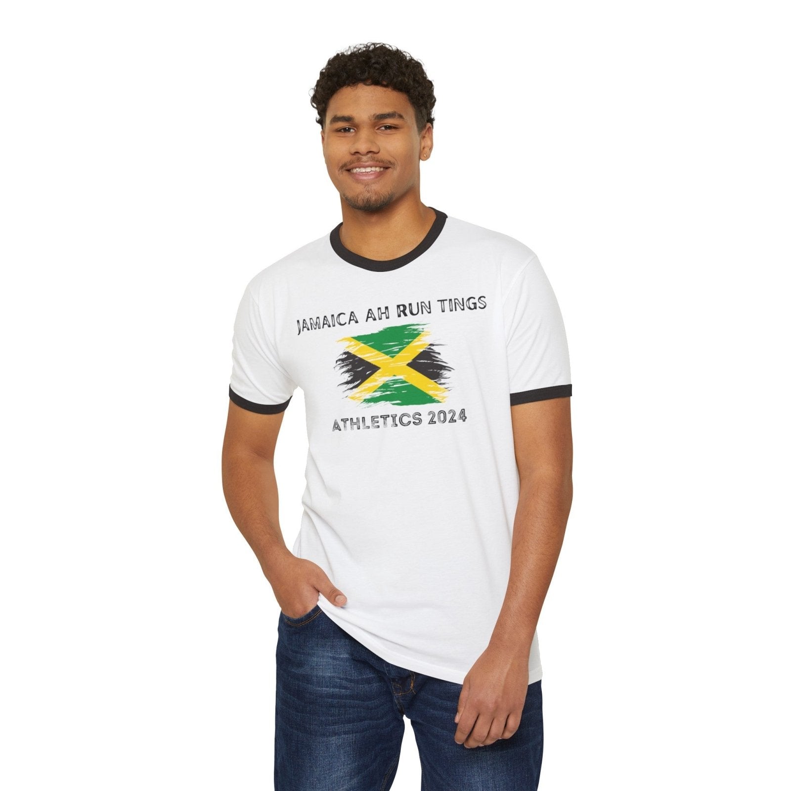 Unisex Cotton Ringer T - Shirt - Jamaica Ah Run Tings, Athletics 2024 | US - Ohhh So Swag