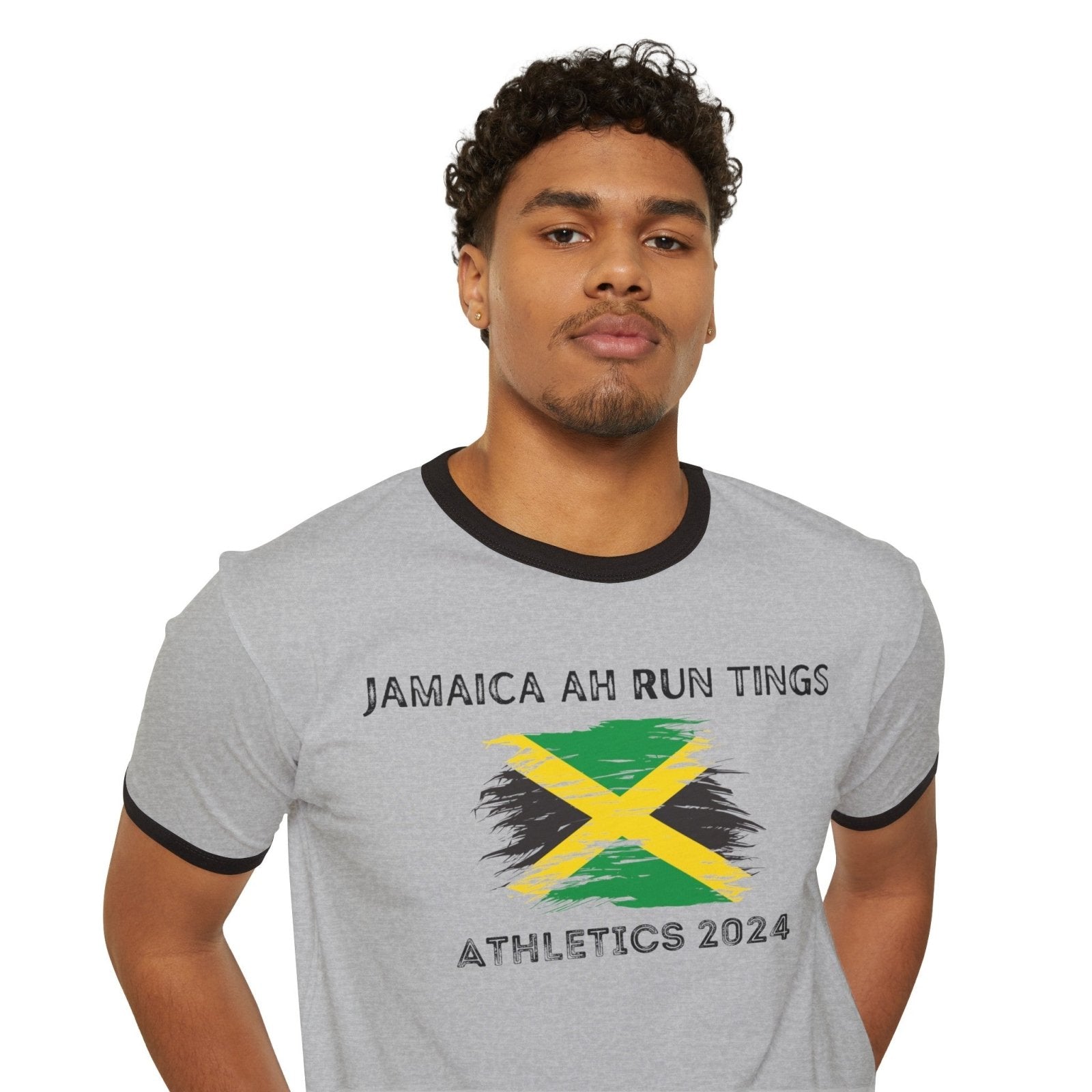 Unisex Cotton Ringer T - Shirt - Jamaica Ah Run Tings, Athletics 2024 | US - Ohhh So Swag