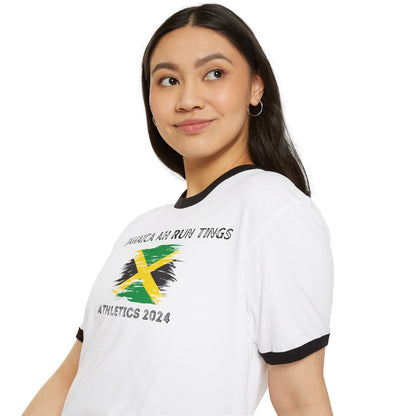 Unisex Cotton Ringer T - Shirt - Jamaica Ah Run Tings, Athletics 2024 | US - Ohhh So Swag