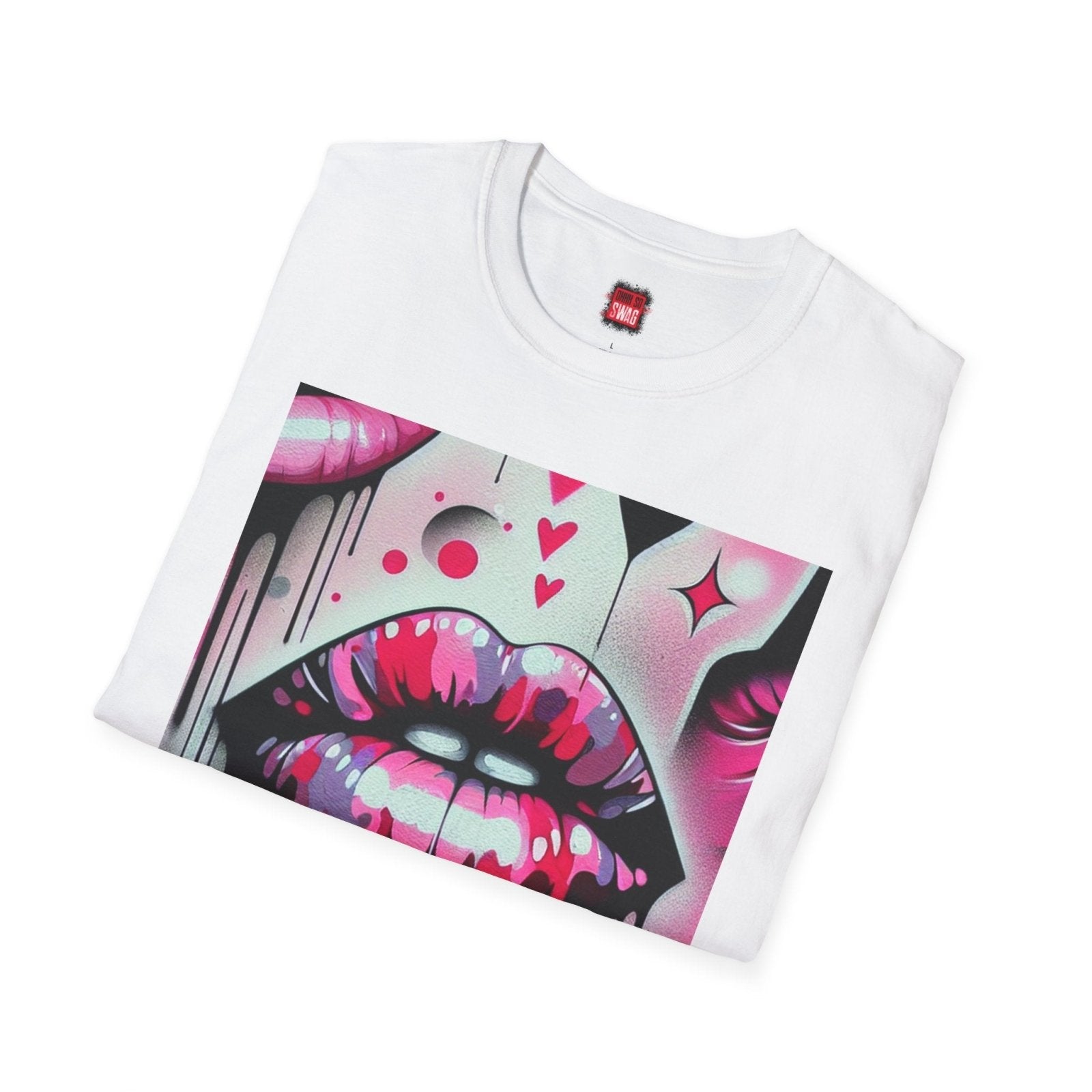 Folded White Pink Lip Kiss Shirt for Women Men Graffiti Style, Vibrant Casual Graphic Kisses Tee | US - Ohhh So Swag