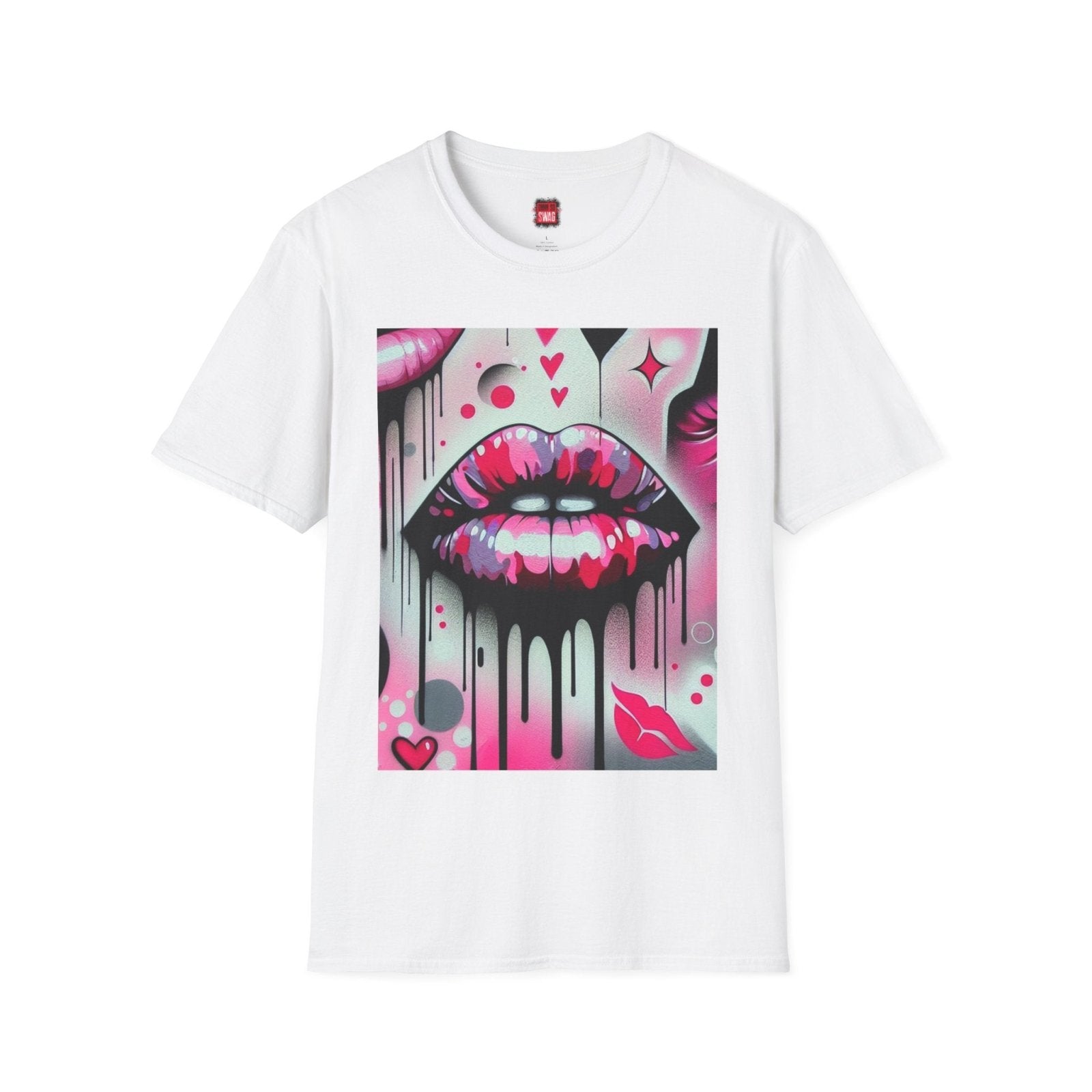 White Pink Lip Kiss Shirt, Lips Shirt for Women Men Graffiti Style, Vibrant Casual Graphic Kisses Tee | US - Ohhh So Swag