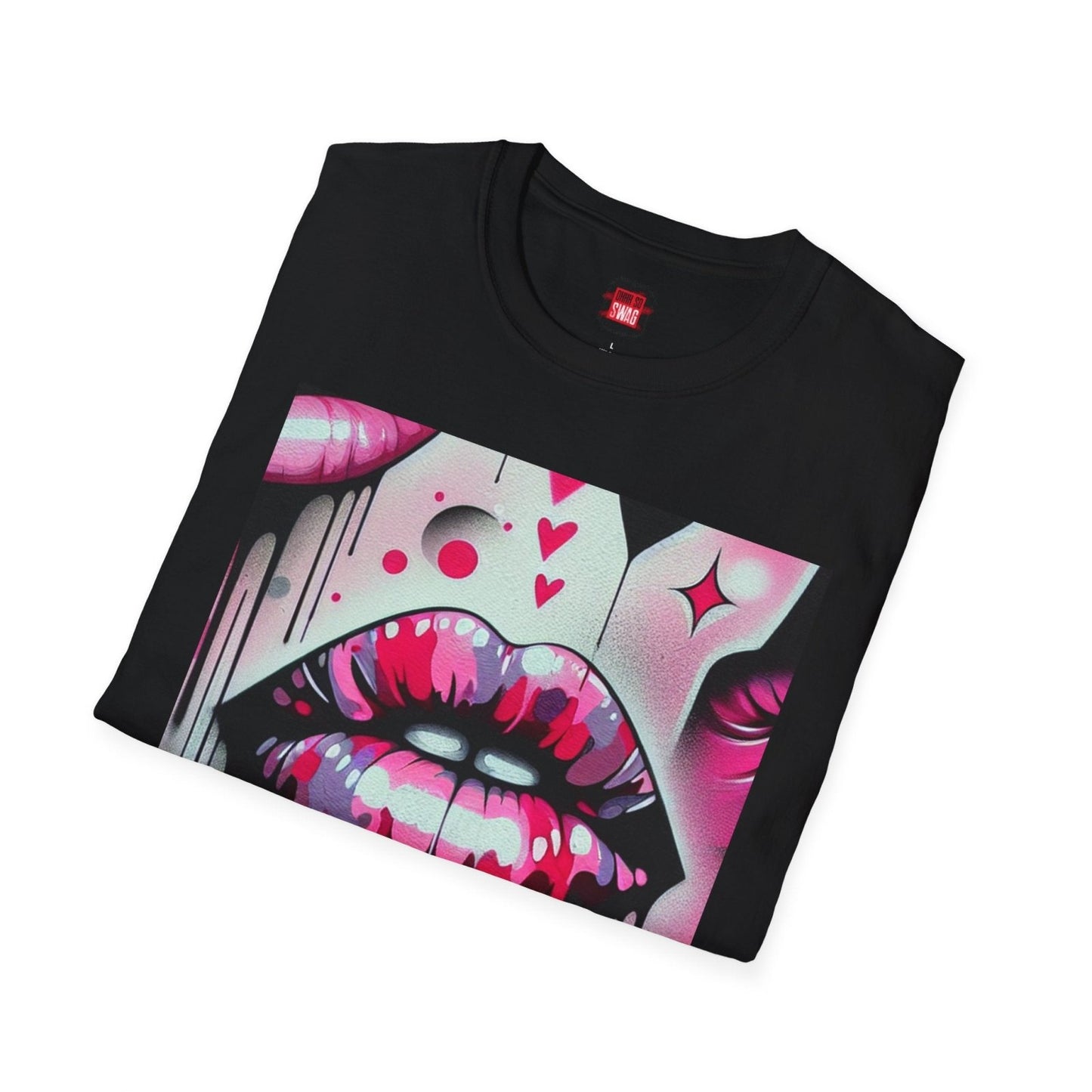Folded Black Pink Lip Kiss Shirt for Women Men Graffiti Style, Vibrant Casual Graphic Kisses Tee | US - Ohhh So Swag