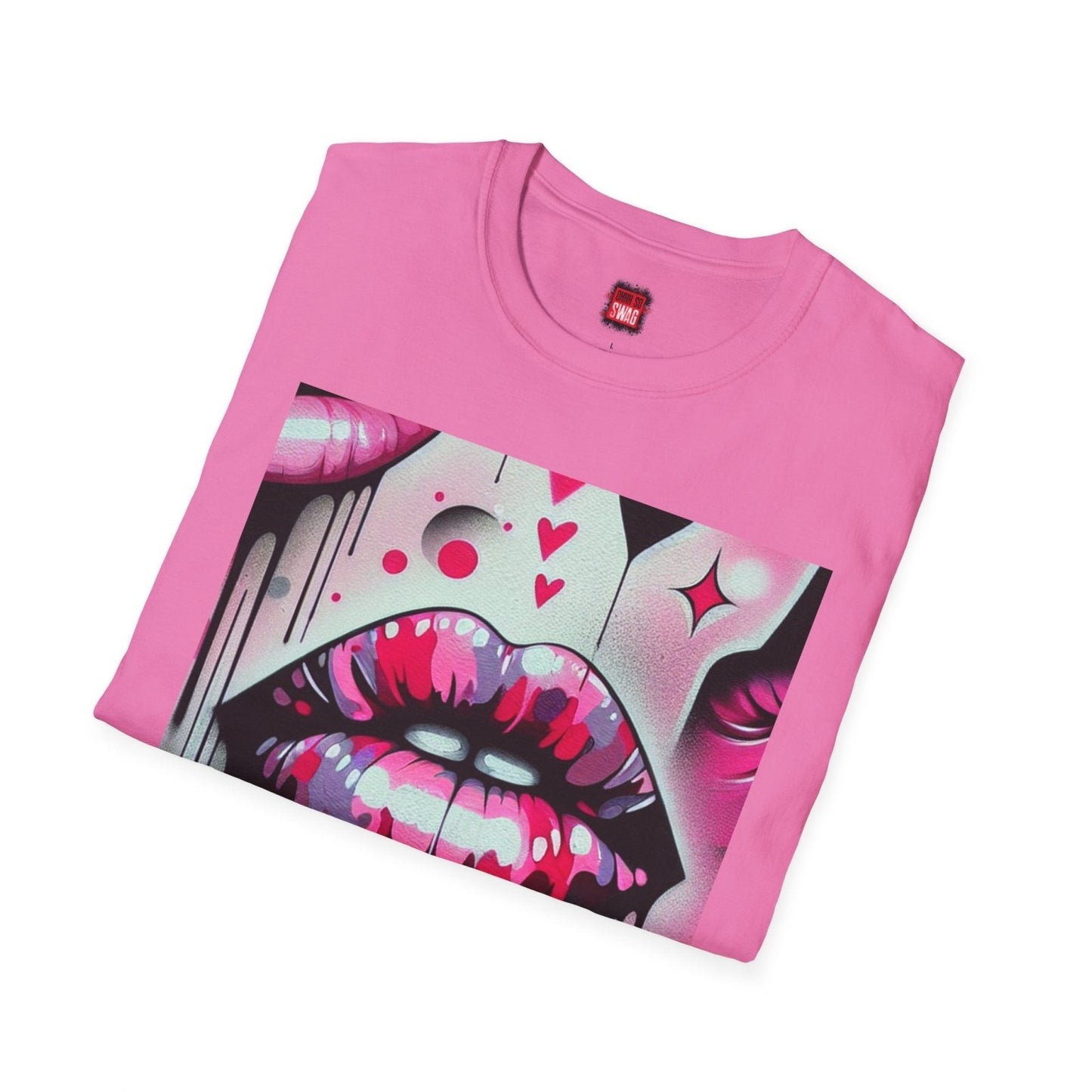 Folded Pink Lip Kiss Shirt, Lips Shirt for Women Men Graffiti Style, Vibrant Casual Graphic Kisses Tee | US - Ohhh So Swag