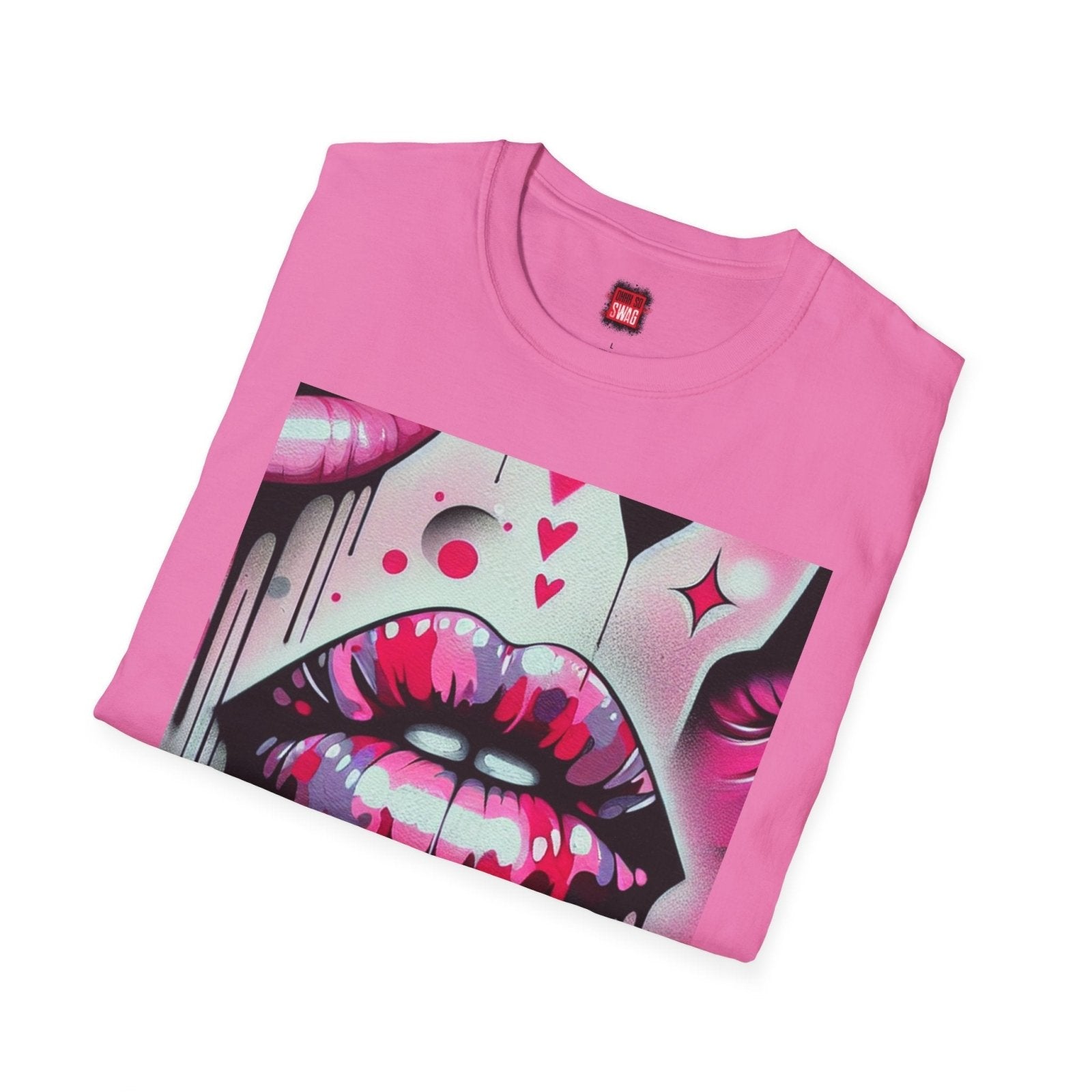 Folded Pink Lip Kiss Shirt, Lips Shirt for Women Men Graffiti Style, Vibrant Casual Graphic Kisses Tee | US - Ohhh So Swag