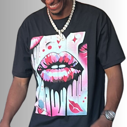 Black and Pink Kiss Lips Shirt on Man Graffiti Style, Vibrant Stylish Casual Graphic Kisses Tee | US - Ohhh So Swag