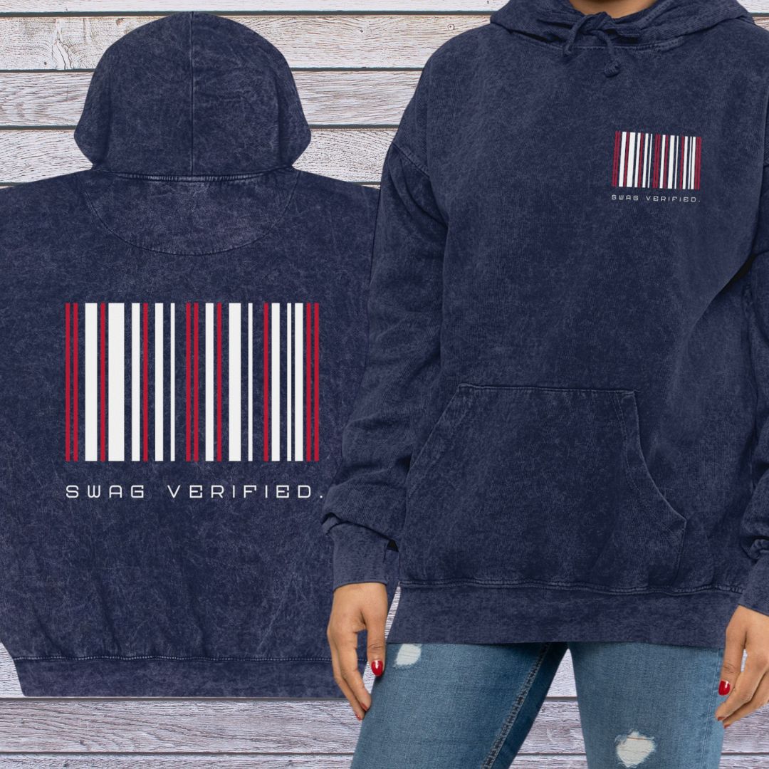 Unisex Mineral Wash Hoodie - Swag Verfied. Barcode Chest and Back Print | US - Ohhh So Swag