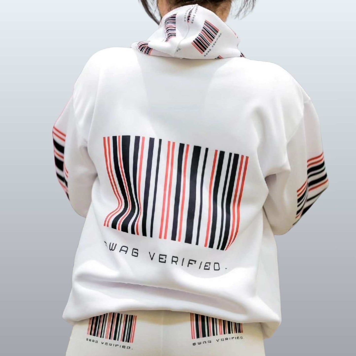 Unisex White Pullover Hoodie with Large Back Print - Swag Verified. Barcode | US - Ohhh So Swag