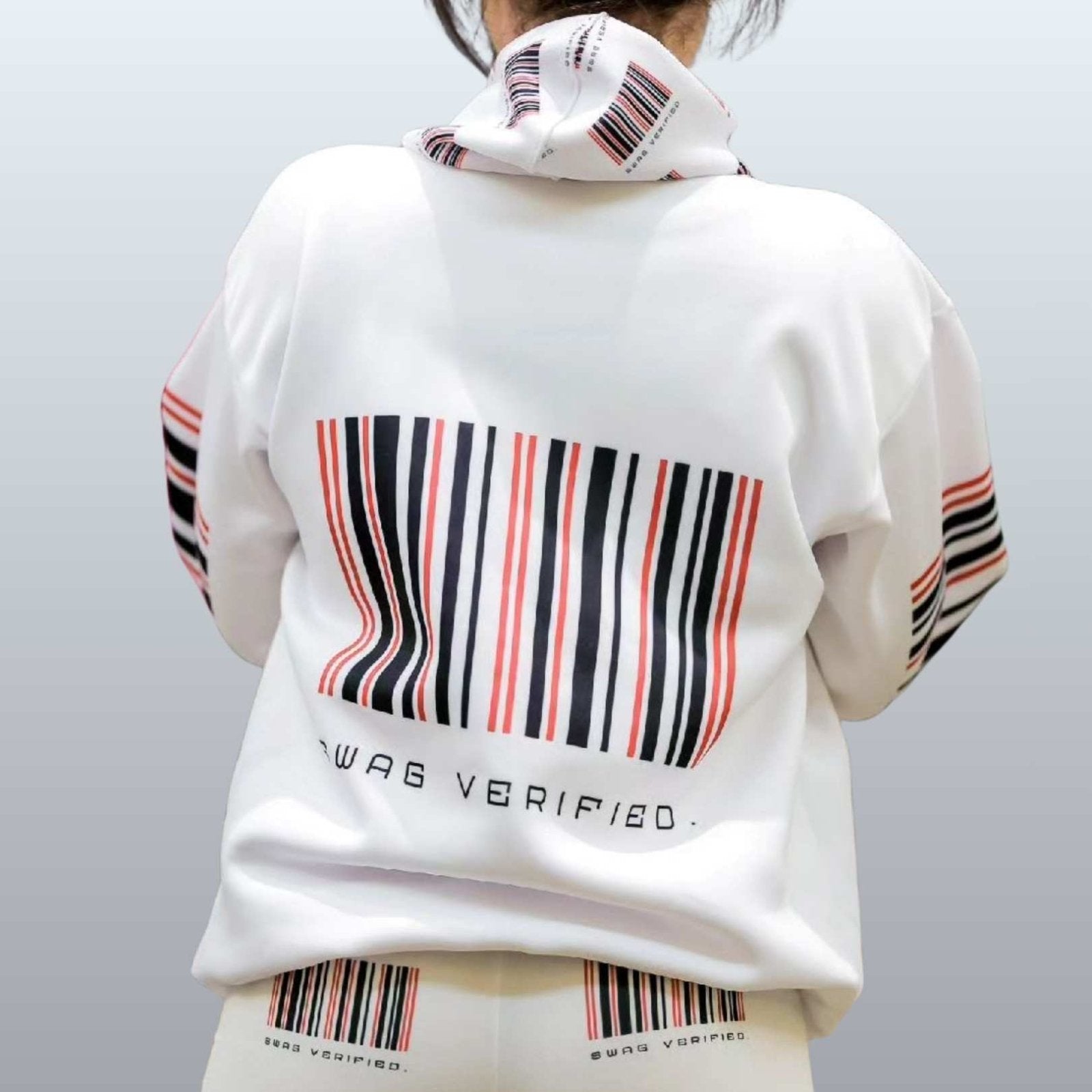 Unisex White Pullover Hoodie with Large Back Print - Swag Verified. Barcode | US - Ohhh So Swag