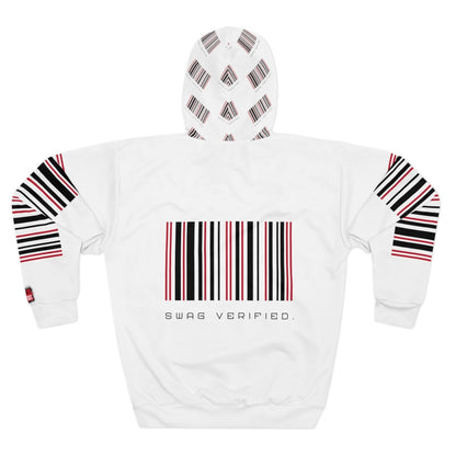 Unisex White Pullover Hoodie with Large Back Print - Swag Verified. Barcode | US - Ohhh So Swag