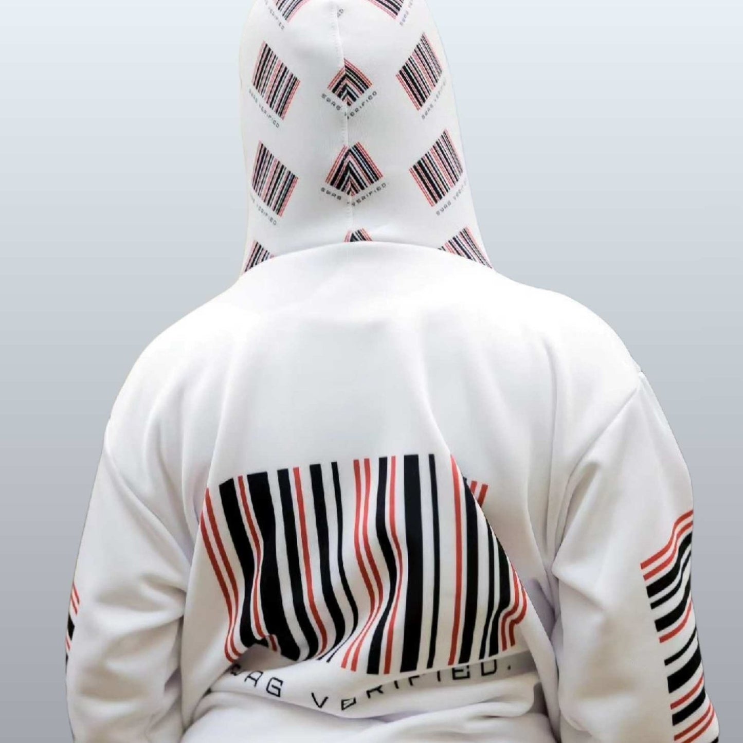 Unisex White Pullover Hoodie with Large Back Print - Swag Verified. Barcode | US - Ohhh So Swag