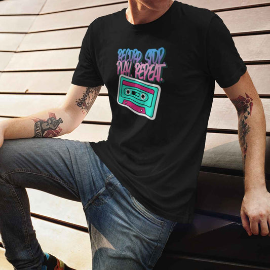 US | Record Stop Play Repeat Retro Cassette Unisex T-Shirt, 80s and 90s Nostalgic Music Lover Gift - Ohhh So Swag